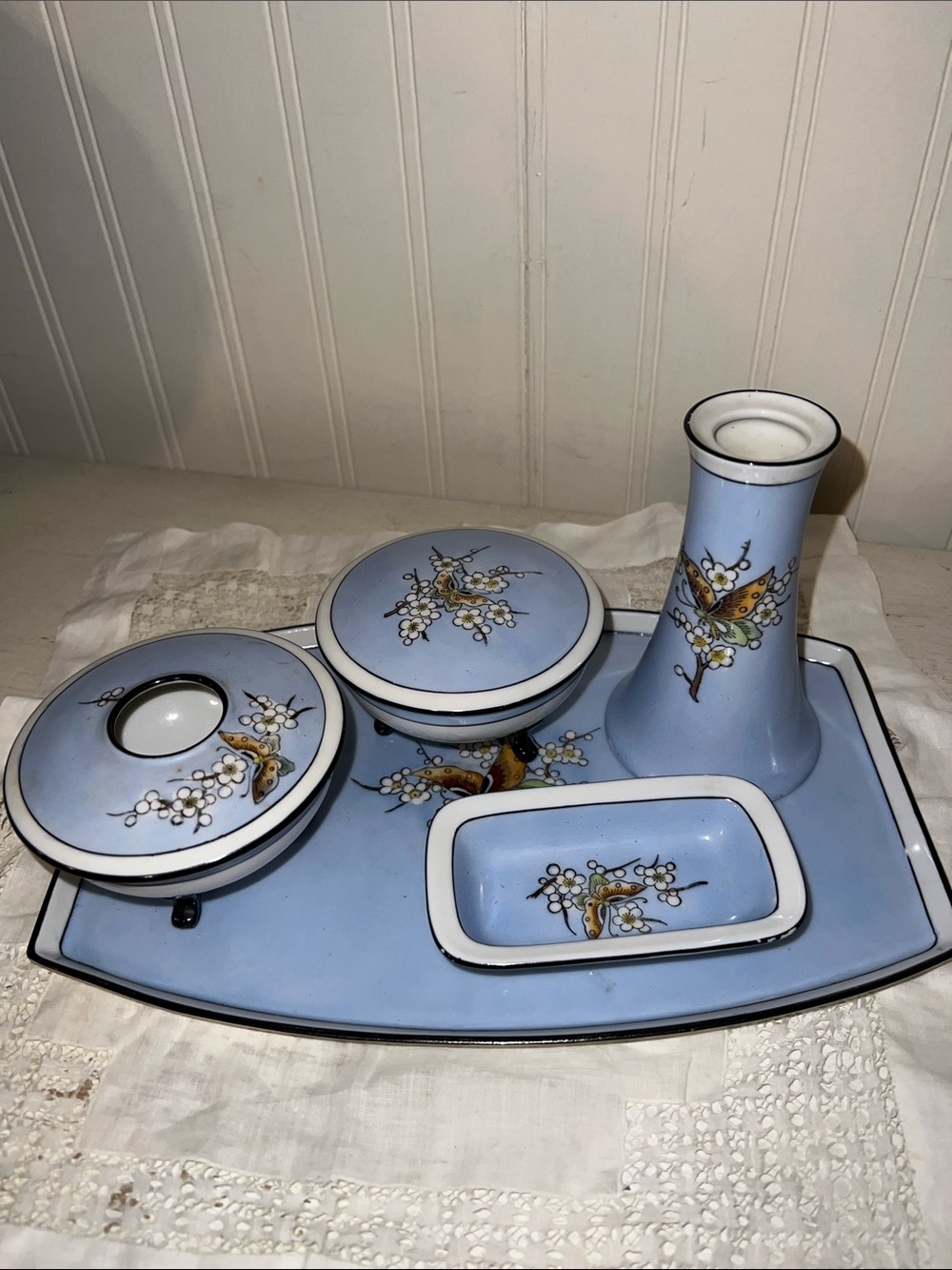 Vintage Noritake Japan hand painted vanity set dogwood butterfly